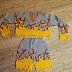 Love Sense Flame Pattern Knit Sweater and Shorts Set